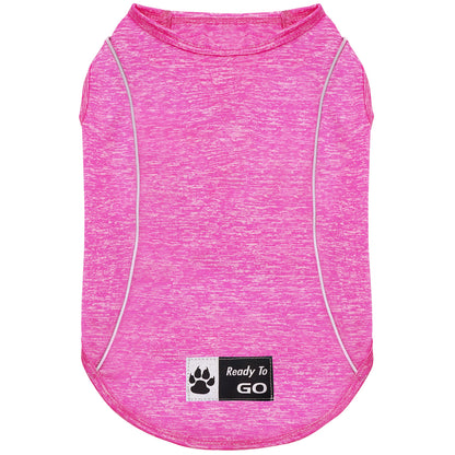 Pink heather sleeveless reflective dog shirt, back view with chest logo label