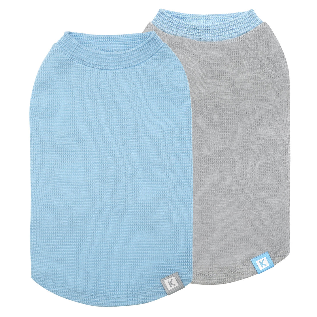 Waffle-knit dog shirts, light blue and light gray pair with rounded neckline