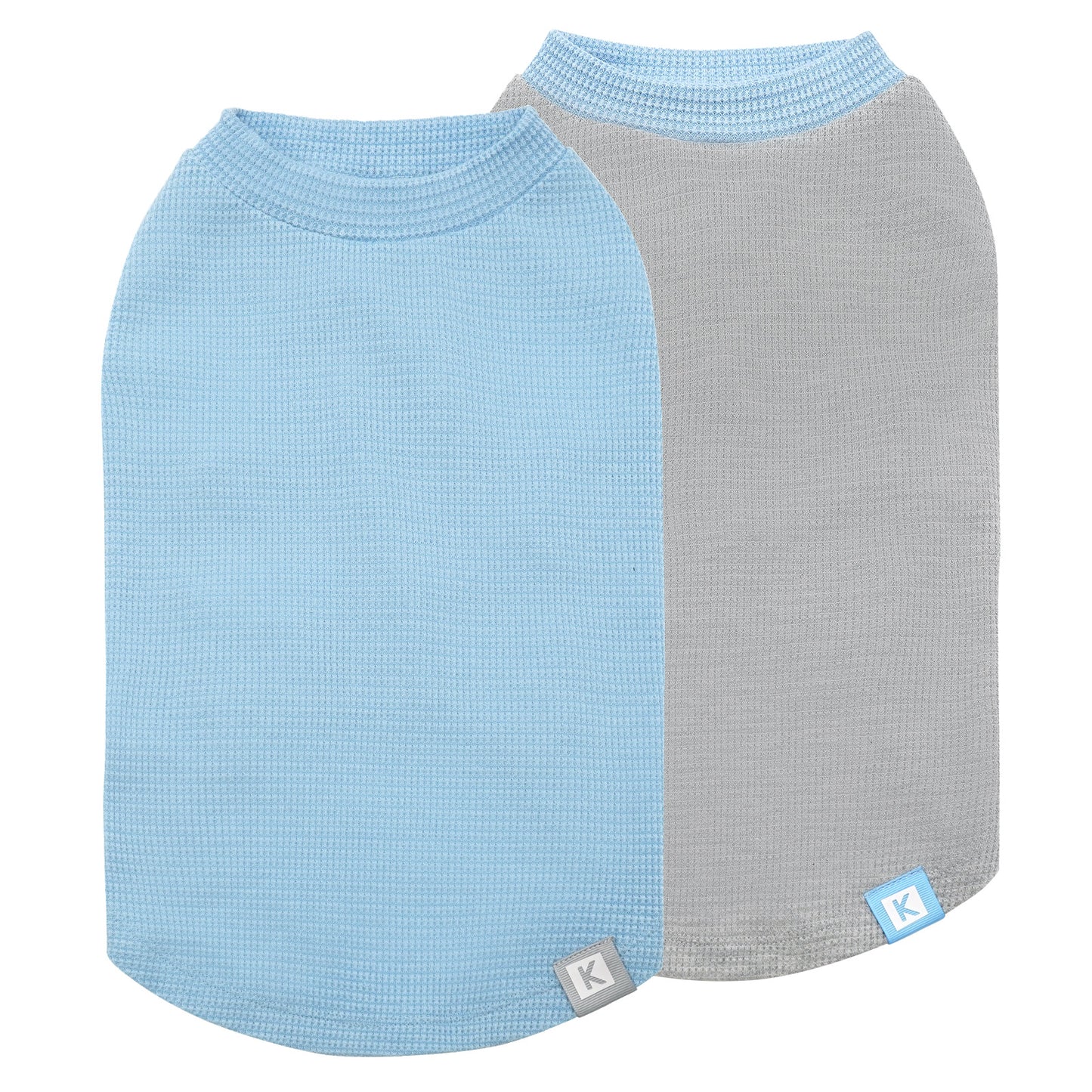 Waffle-knit dog shirts, light blue and light gray pair with rounded neckline