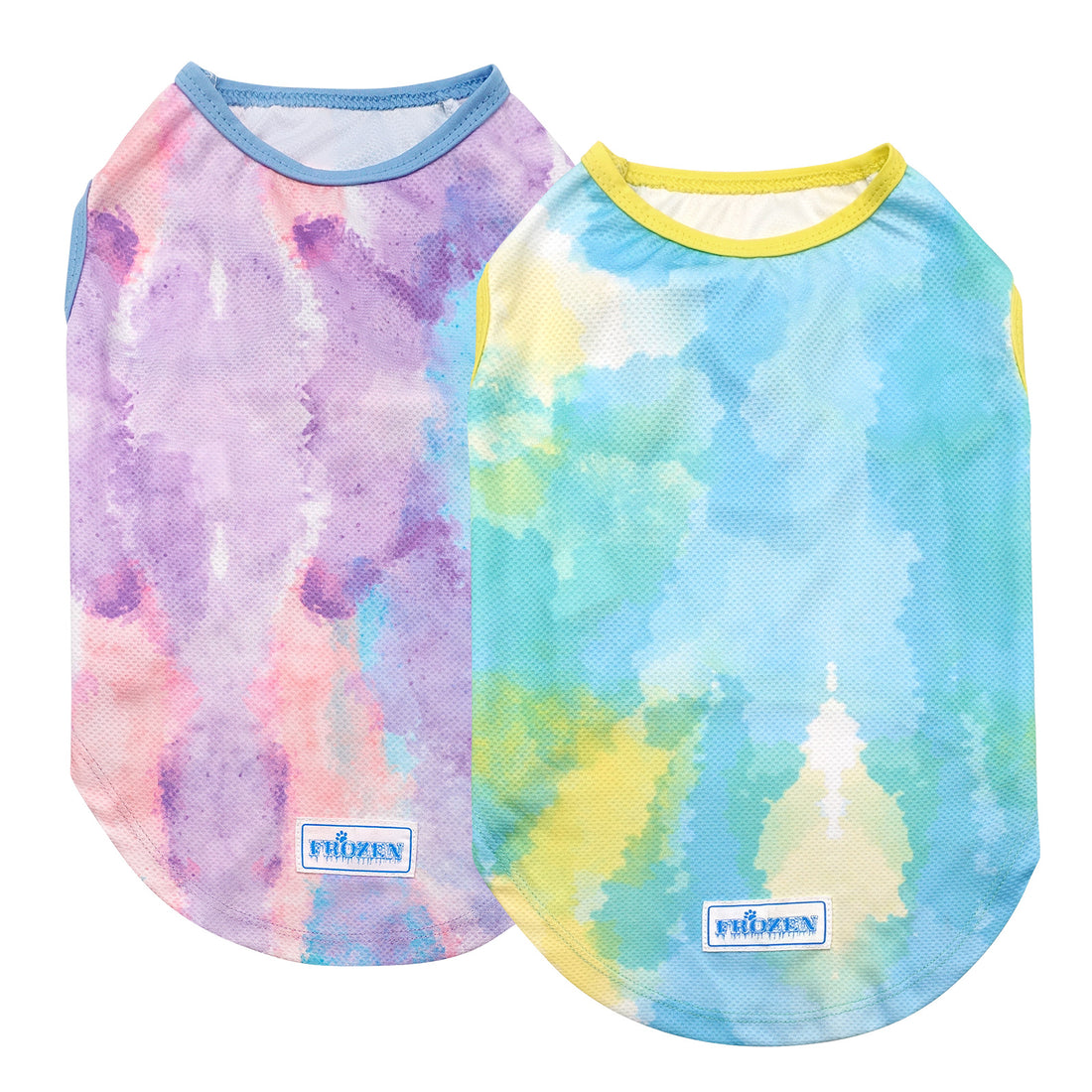 Two-pack dog cooling shirts with purple and rainbow tie-dye pattern, crew neck and leg cutouts