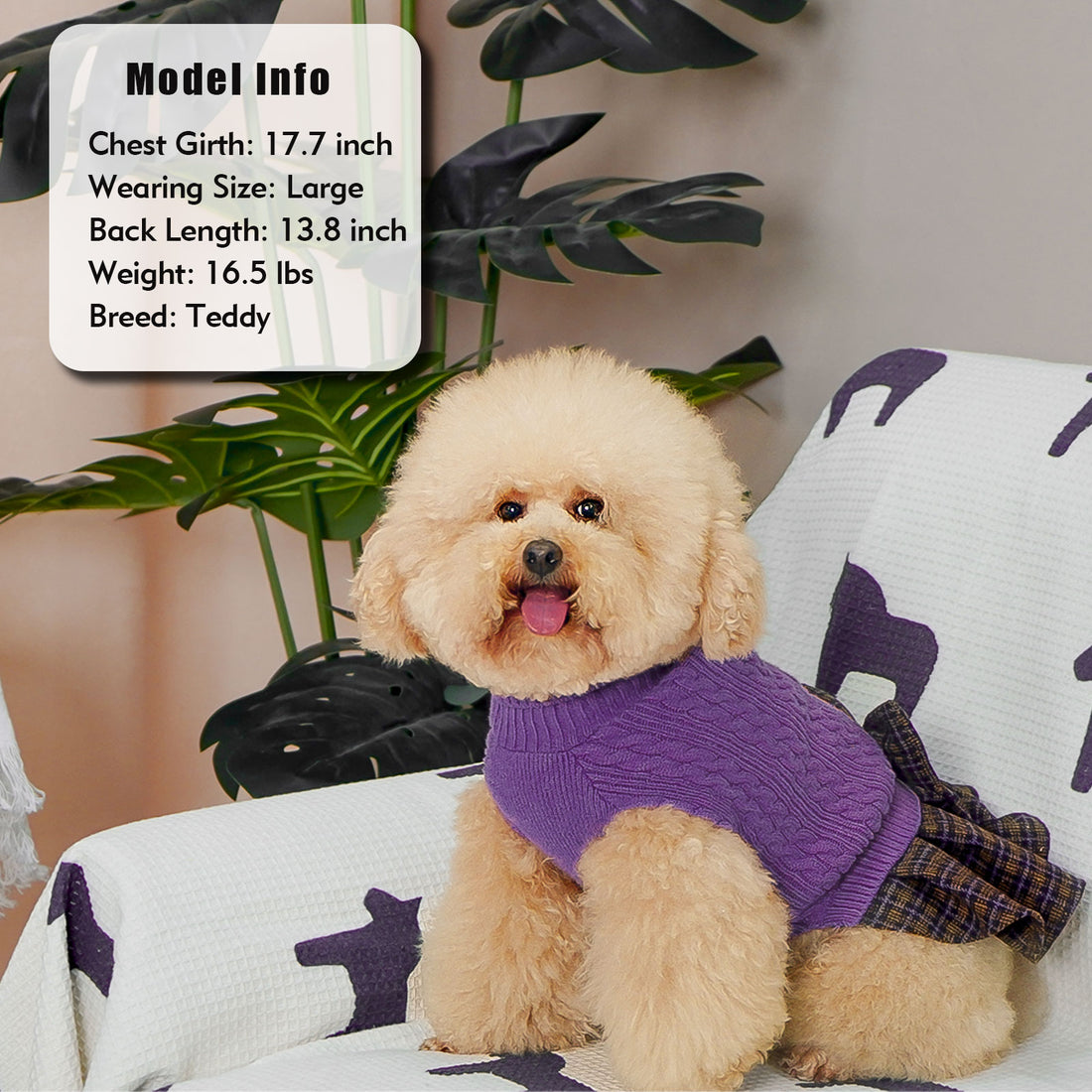 Purple cable knit dog sweater with turtleneck, plaid skirt, and bow at neckline