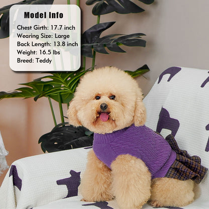 Purple cable knit dog sweater with turtleneck, plaid skirt, and bow at neckline