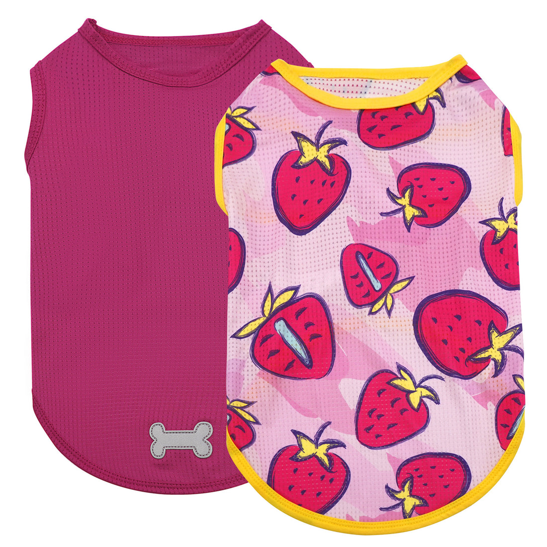 Two-pack dog shirts: dark pink plain mesh and light pink strawberry print with yellow trim