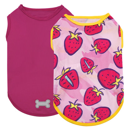 Two-pack dog shirts: dark pink plain mesh and light pink strawberry print with yellow trim