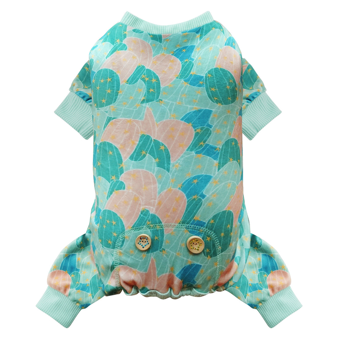 Turquoise dog onesie pajama with cactus-pattern print, wooden button trim, ribbed cuffs