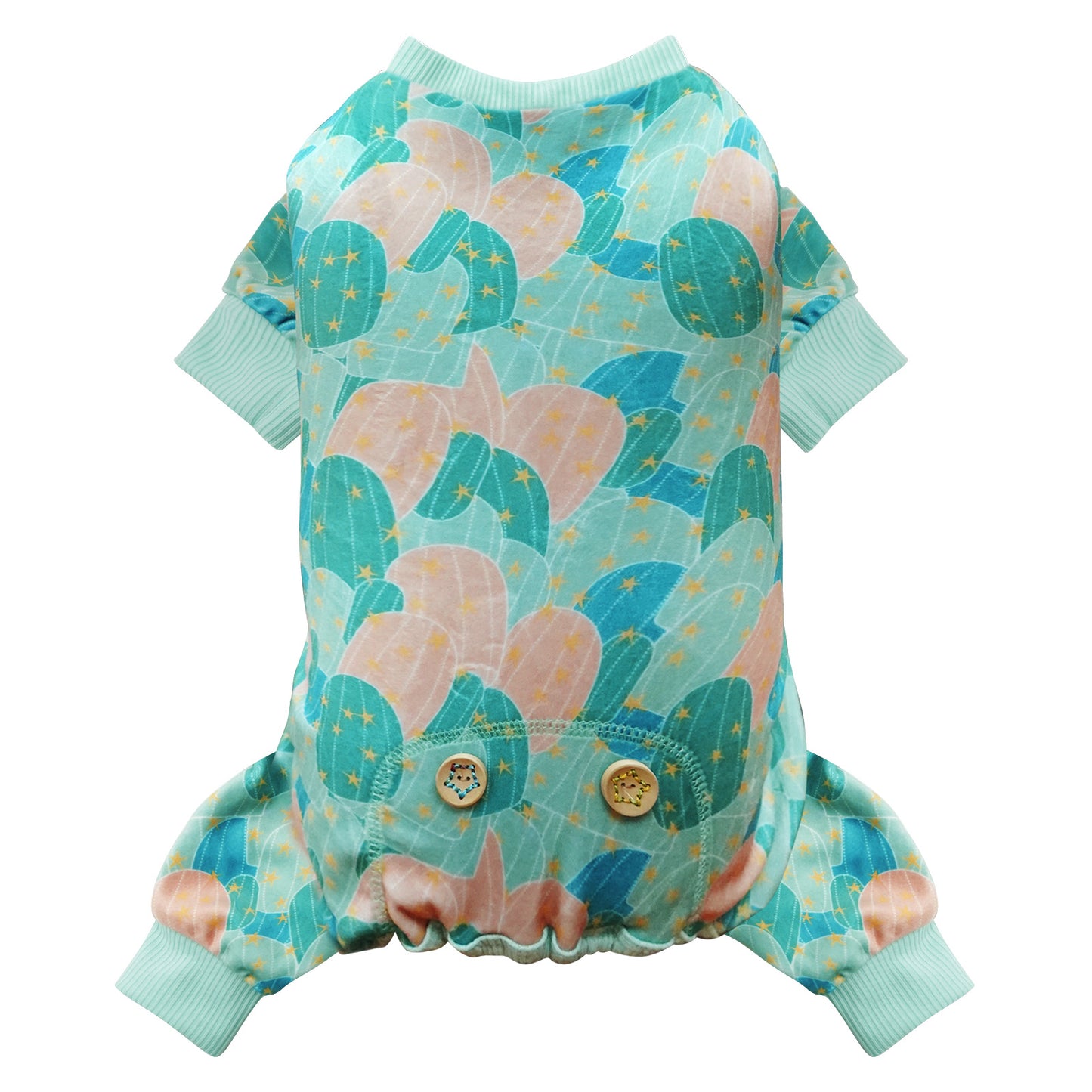 Turquoise dog onesie pajama with cactus-pattern print, wooden button trim, ribbed cuffs