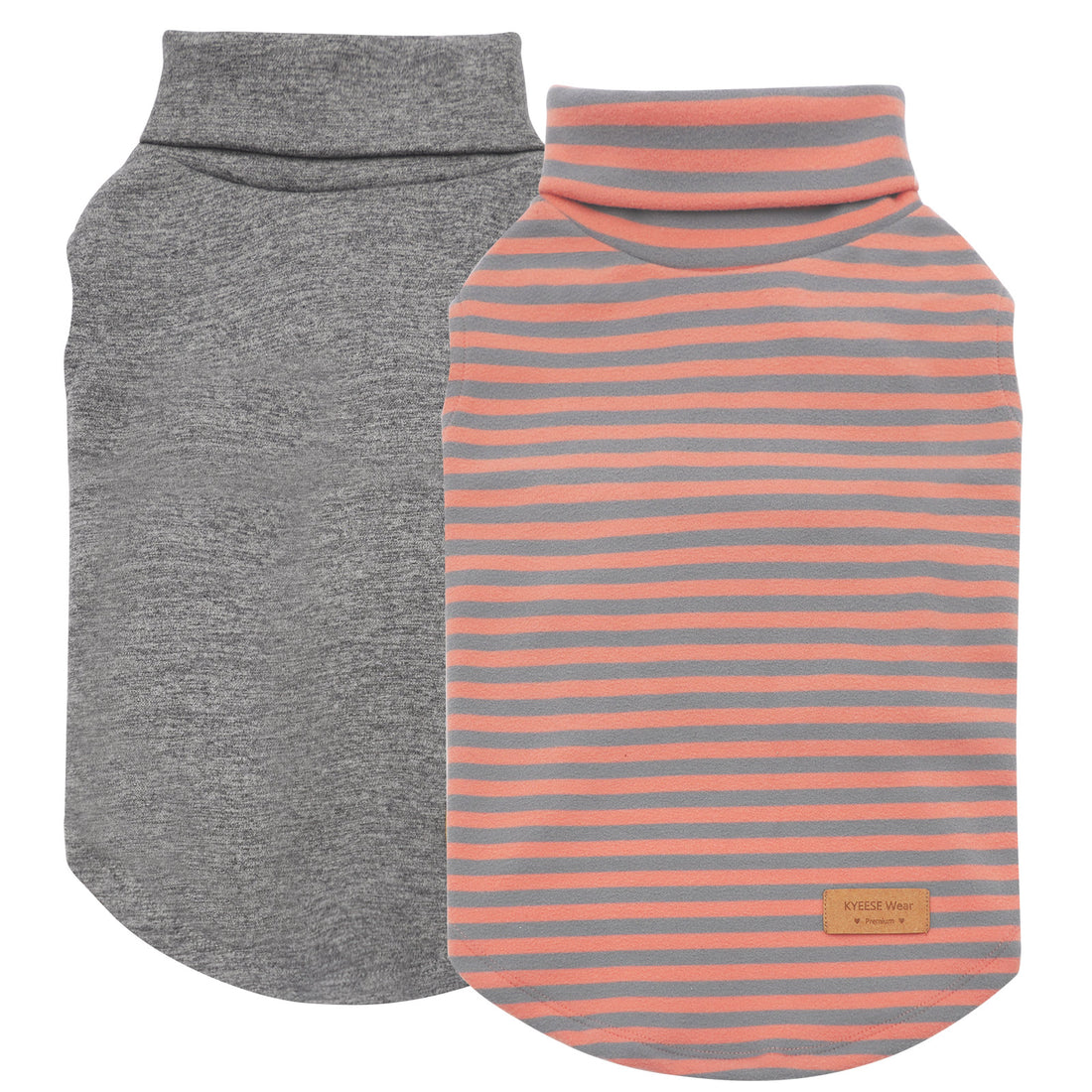 Gray sleeveless dog turtleneck and coral striped sleeveless turtleneck, two-pack