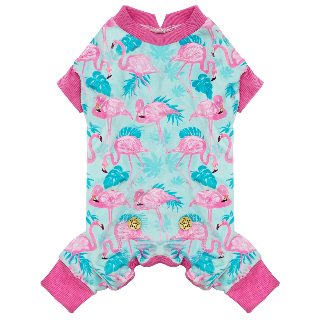 Flamingo print dog onesie pajamas in light aqua with pink cuffs and short sleeves