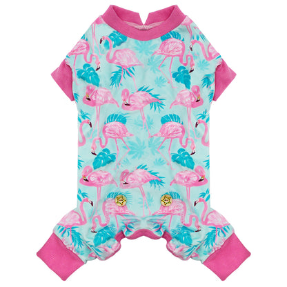 Flamingo print dog onesie pajamas in light aqua with pink cuffs and short sleeves