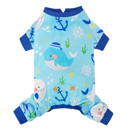 Light blue ocean-print dog onesie pajamas with round neck and ribbed blue cuffs.