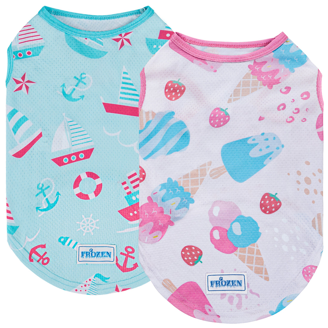 Dog cooling shirt 2 pack: light blue and pink/white pattern with chest brand patch.