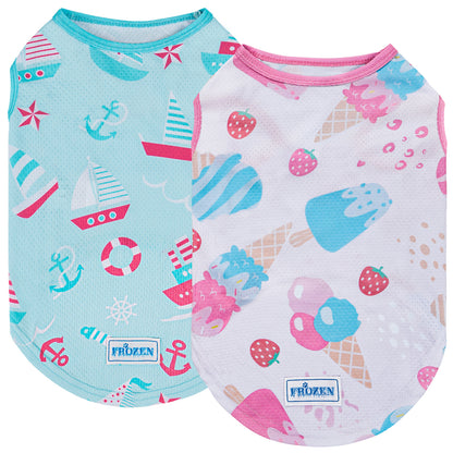 Dog cooling shirt 2 pack: light blue and pink/white pattern with chest brand patch.