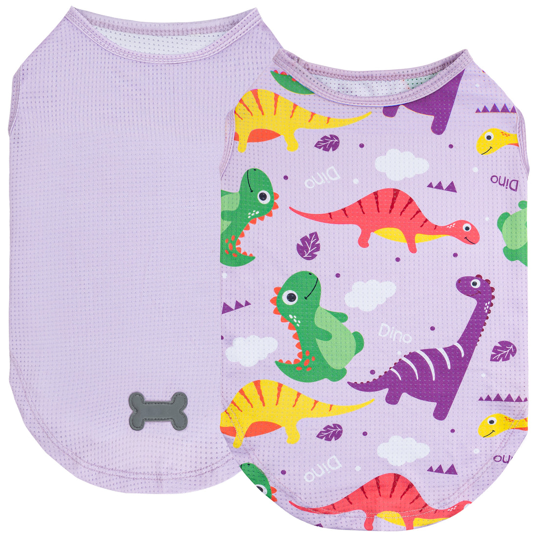 Lavender mesh dinosaur dog shirt with multicolor print and gray bone emblem