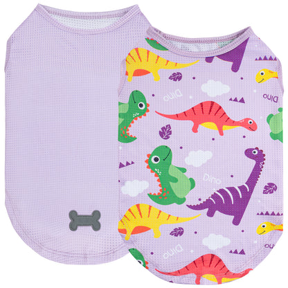 Lavender mesh dinosaur dog shirt with multicolor print and gray bone emblem
