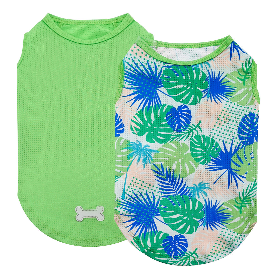 Mesh breathable dog shirt 2 pack: bright green solid and tropical palm print shirt