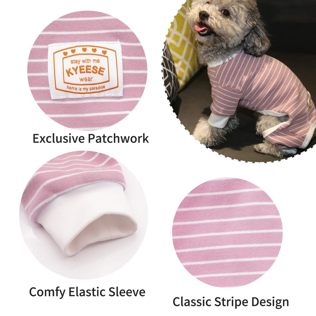 Pink striped dog onesie pajamas with KYEESE patch and elastic sleeve cuffs