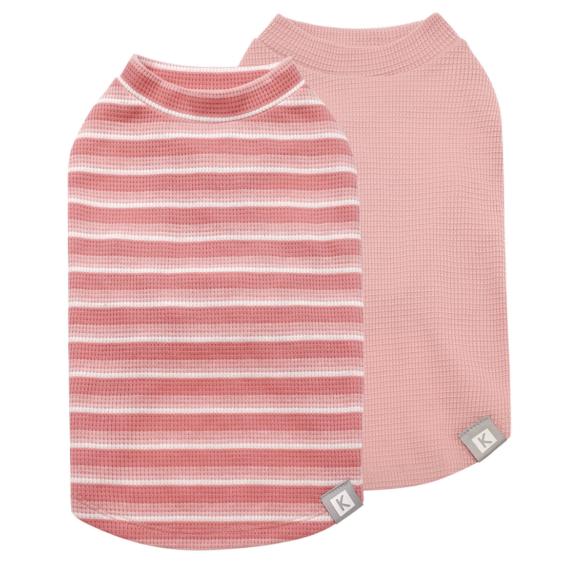 2-pack dog waffle shirts: pink striped top and solid light pink shirt
