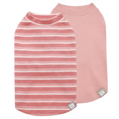 2-pack dog waffle shirts: pink striped top and solid light pink shirt