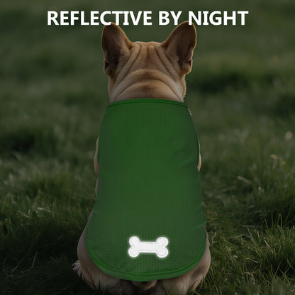 Green mesh dog shirt with reflective bone logo at hem