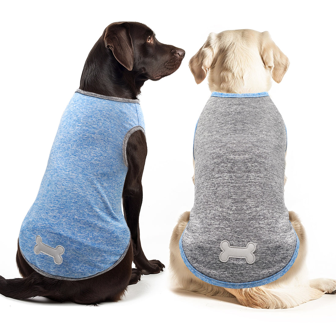 Blue and gray sleeveless dog shirts, each with a bone emblem
