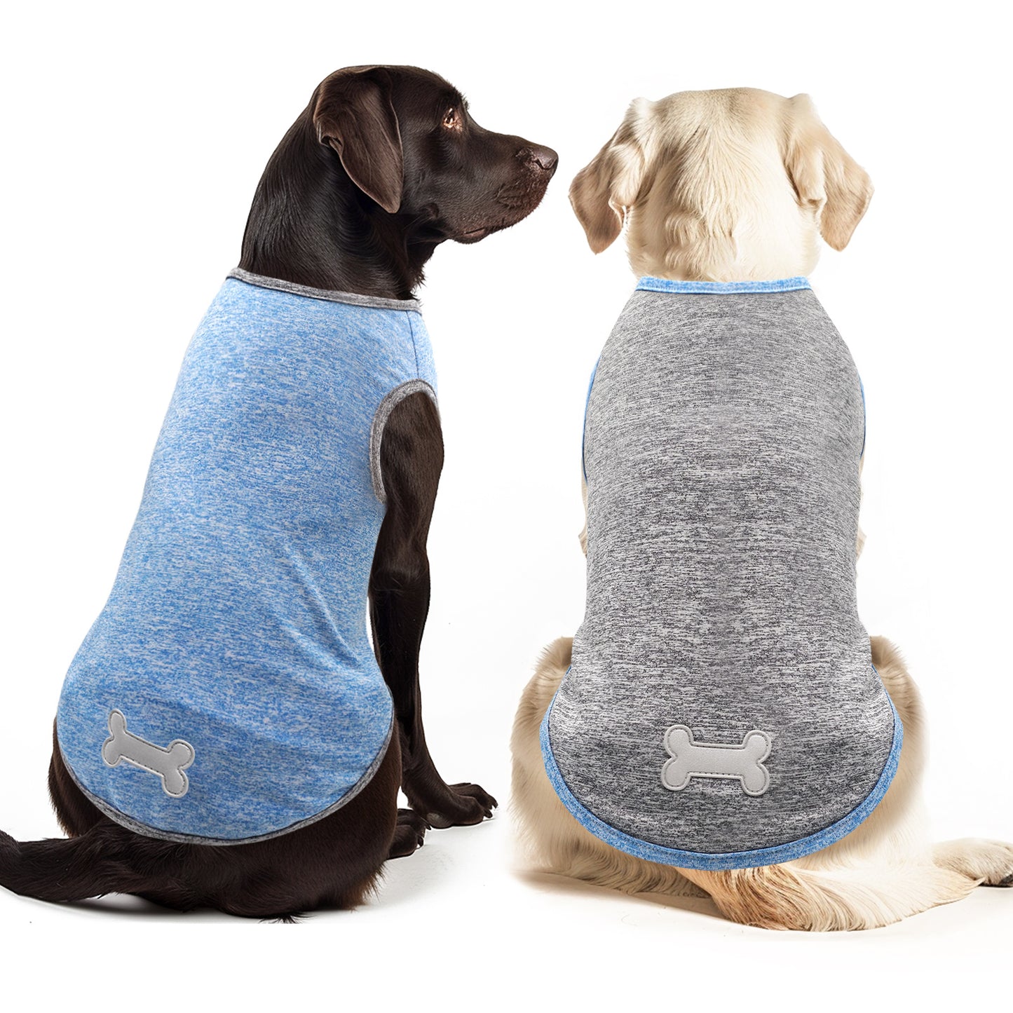 Blue and gray sleeveless dog shirts, each with a bone emblem