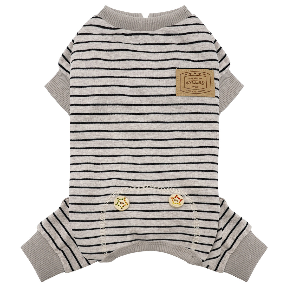 Striped dog onesie pajamas in light gray with black horizontal lines, ribbed cuffs and patch