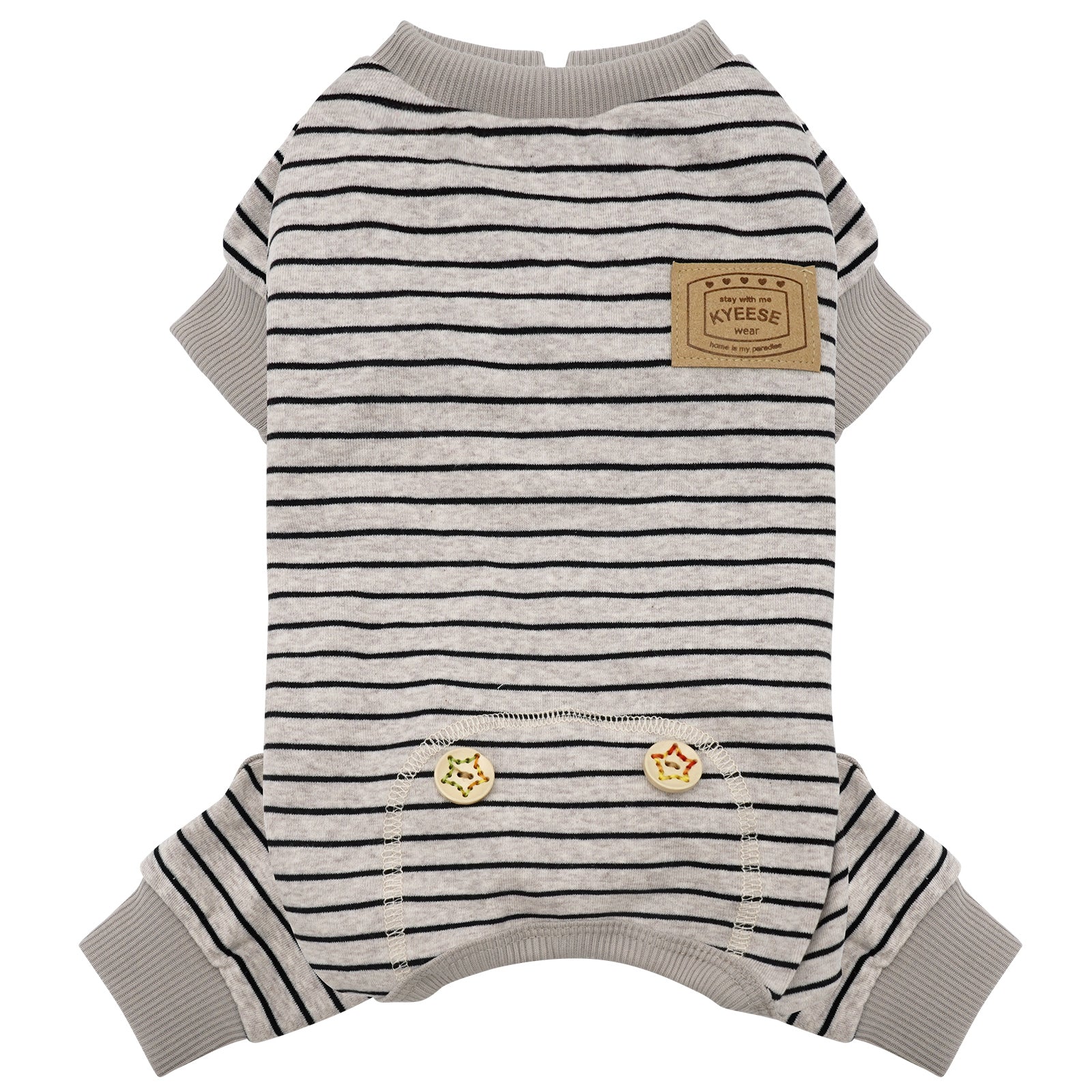 Striped dog onesie pajamas in light gray with black horizontal lines, ribbed cuffs and patch