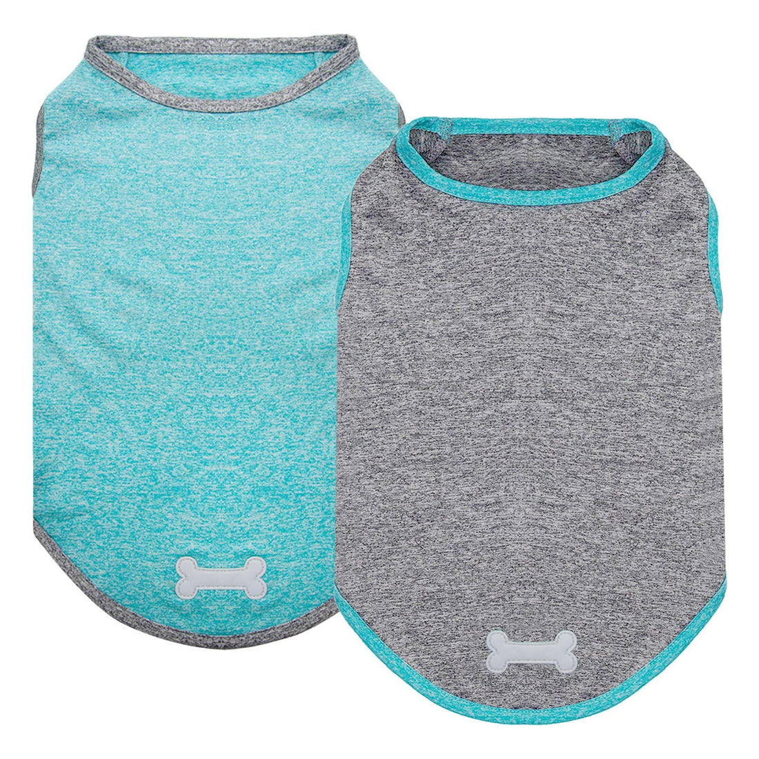 2-pack sleeveless dog shirts: teal and heather gray, bone applique, crew neck