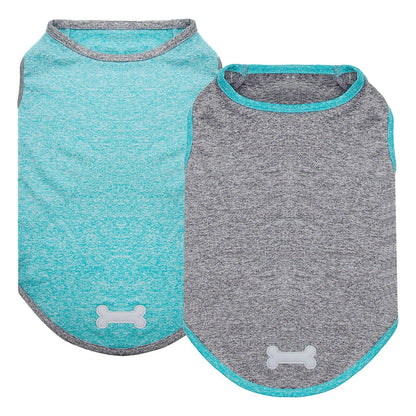 2-pack sleeveless dog shirts: teal and heather gray, bone applique, crew neck