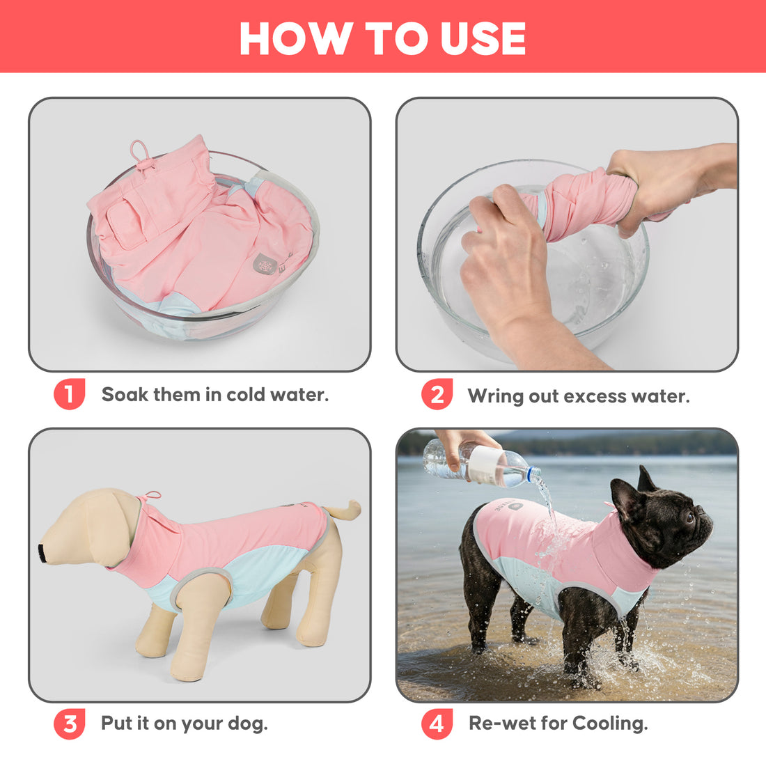 Pink dog cooling vest being soaked in cold water, insert pad included
