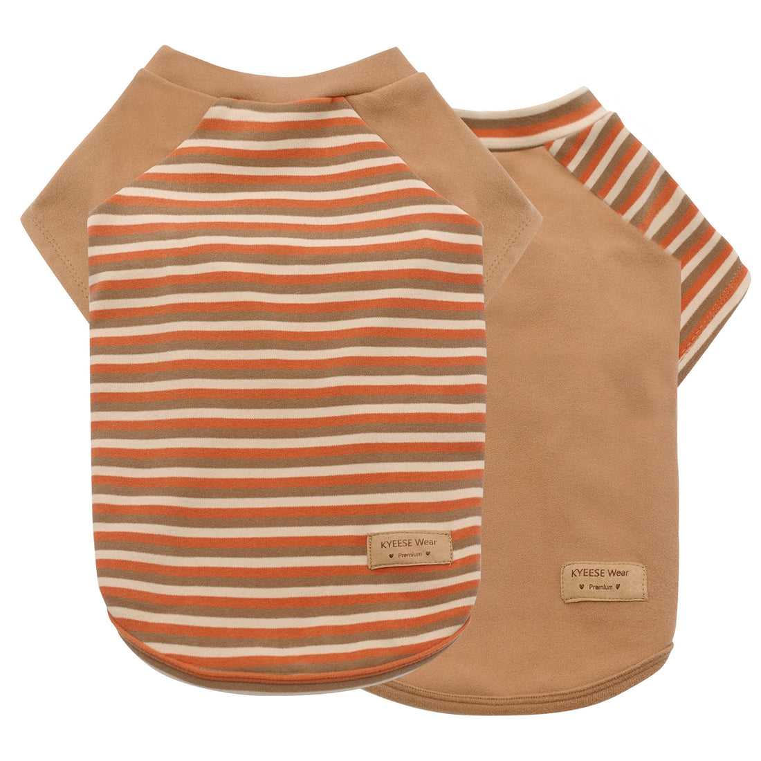 Tan dog raglan sleeve shirts with orange and white striped front panels and trim