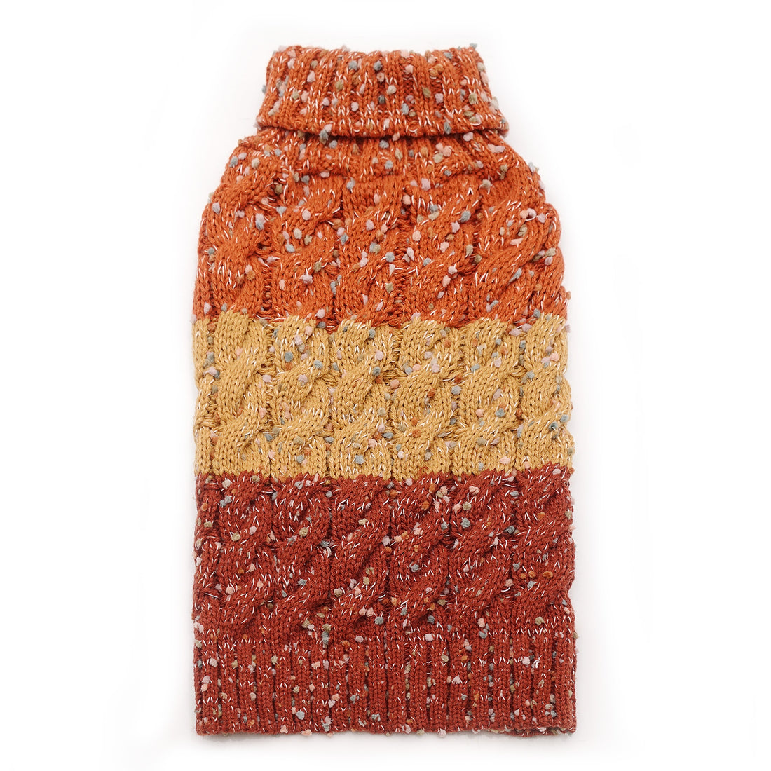 Orange and tan knit dog sweater, ribbed turtleneck and hem, speckled texture