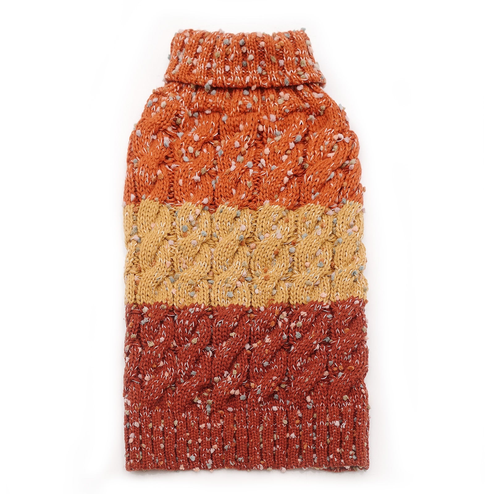 Orange and tan knit dog sweater, ribbed turtleneck and hem, speckled texture