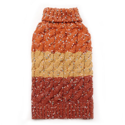 Orange and tan knit dog sweater, ribbed turtleneck and hem, speckled texture