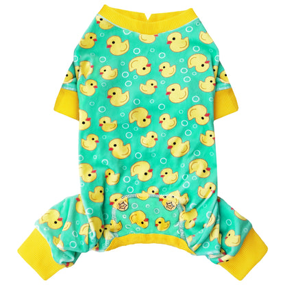 Dog onesie pajamas in teal with duck print and yellow ribbed cuffs