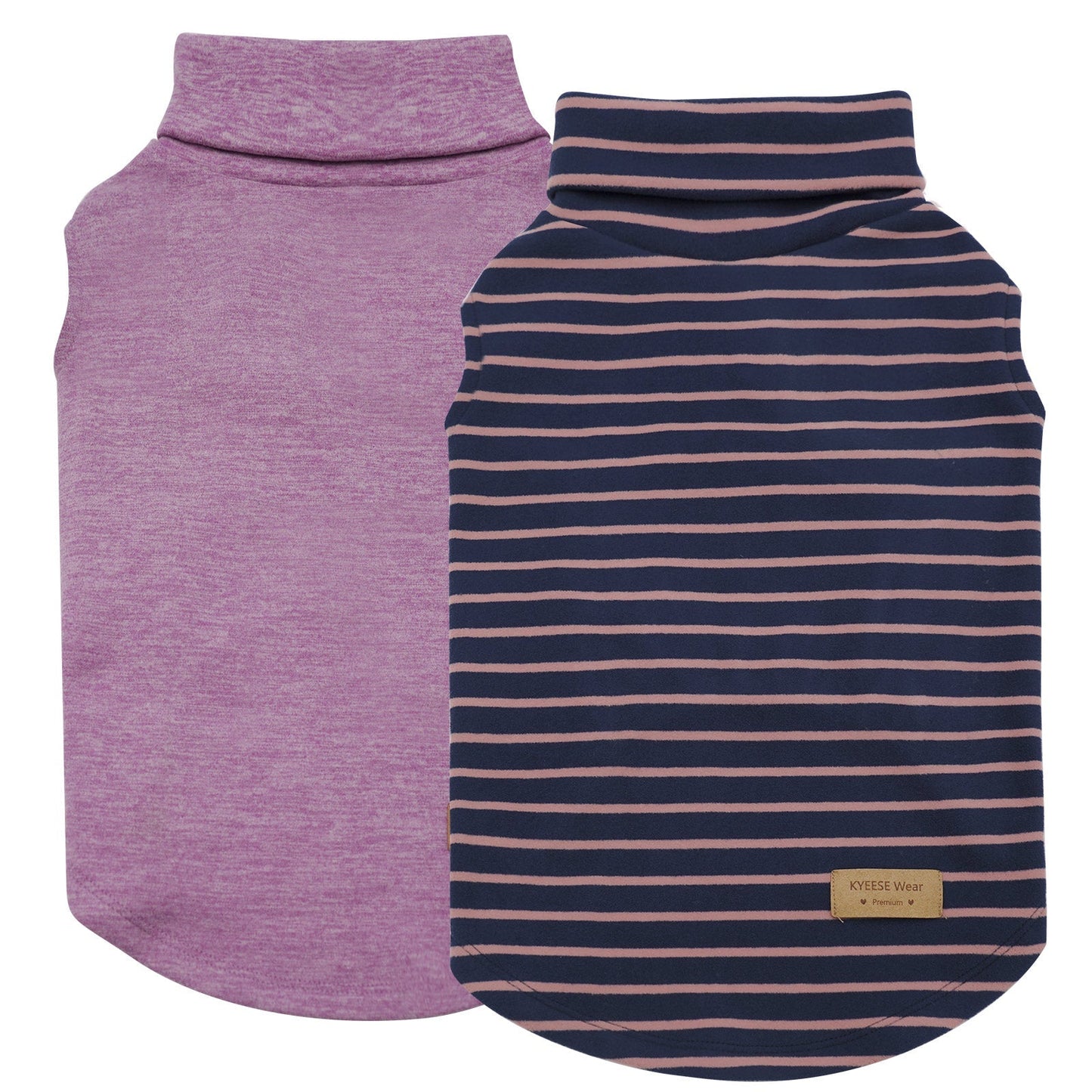 Two dog sleeveless turtleneck sweaters: heather purple and navy-and-orange stripes
