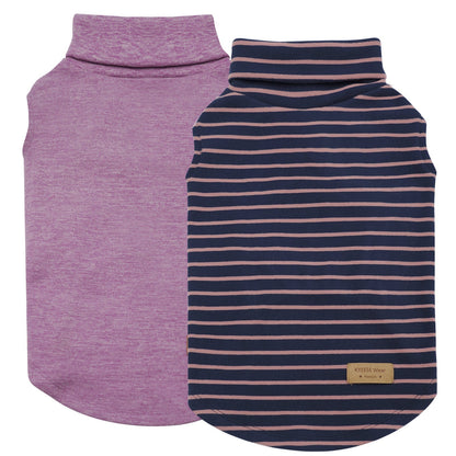 Two dog sleeveless turtleneck sweaters: heather purple and navy-and-orange stripes