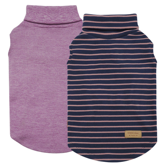 Two dog sleeveless turtleneck sweaters: heather purple and navy-and-orange stripes