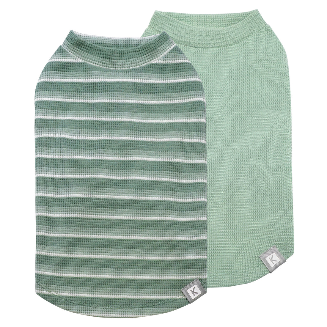 2-pack dog shirts: green striped and solid mint waffle-knit styles, round neck.