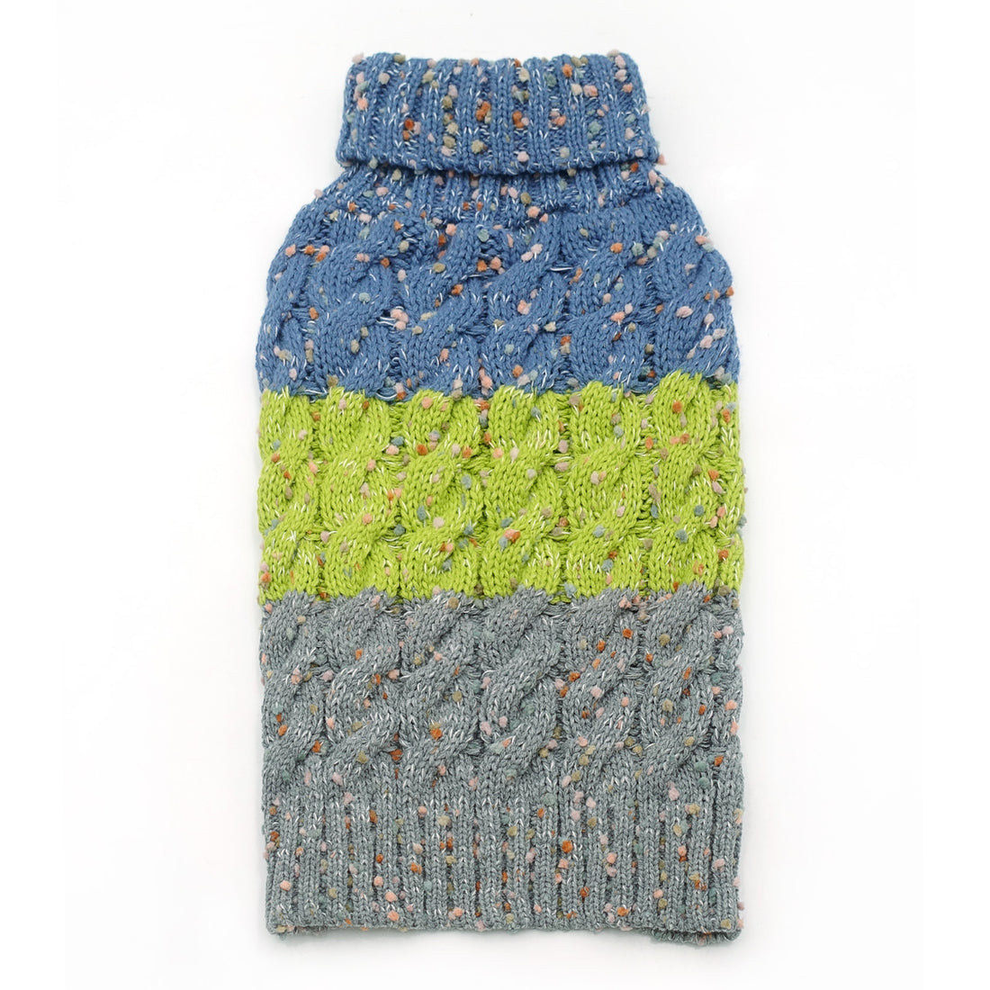 Blue, lime, and gray knitted dog sweater, turtleneck, color-block design