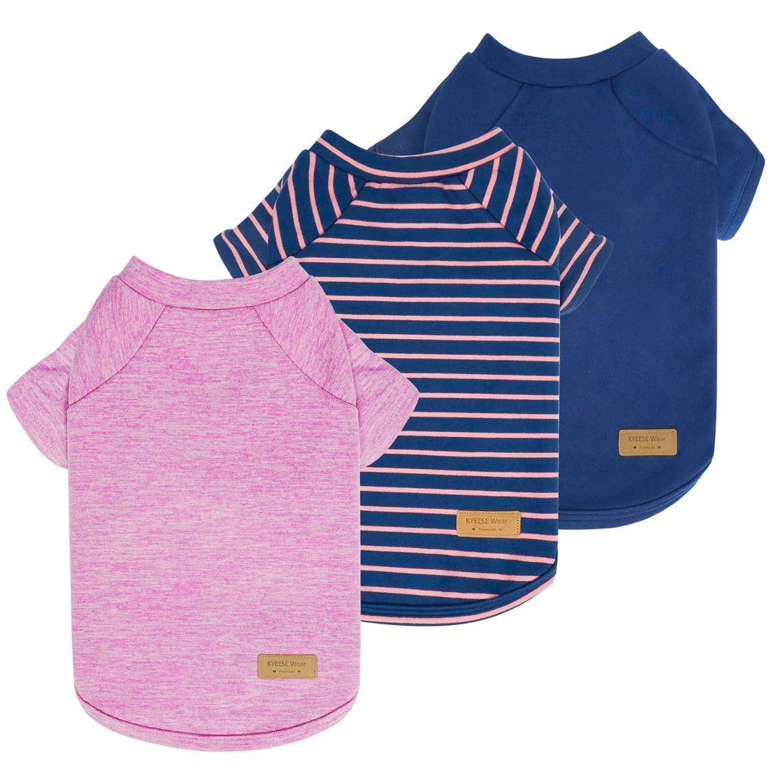 Dog shirt 3-pack: pink heather, dark blue solid, and navy with pink-orange stripes