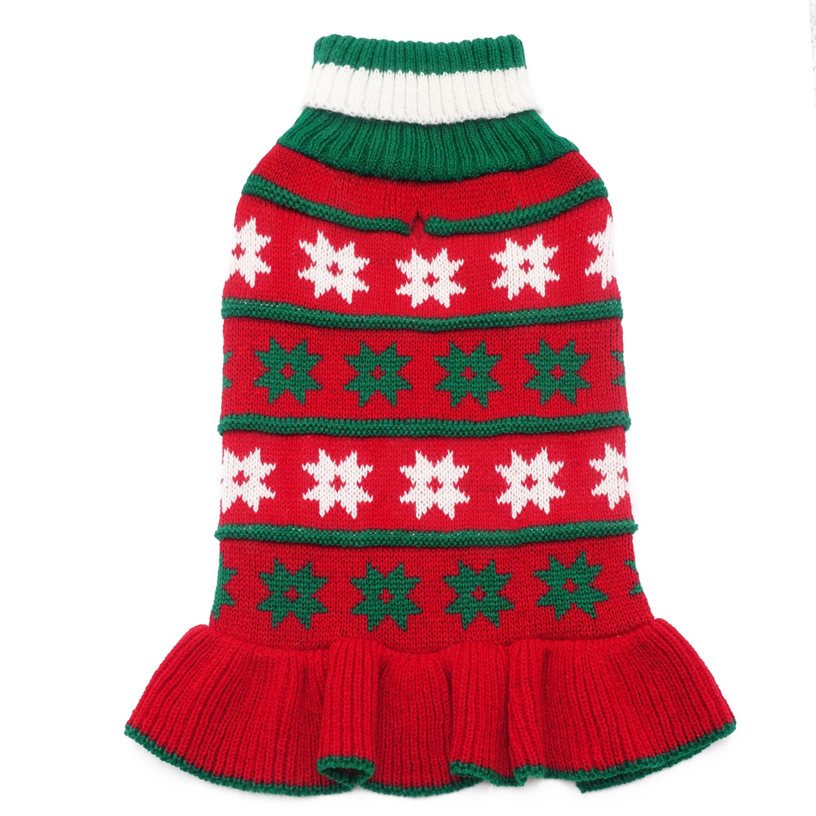 Christmas dog sweater dress, red knit with green trim, snowflake pattern, ruffled hem