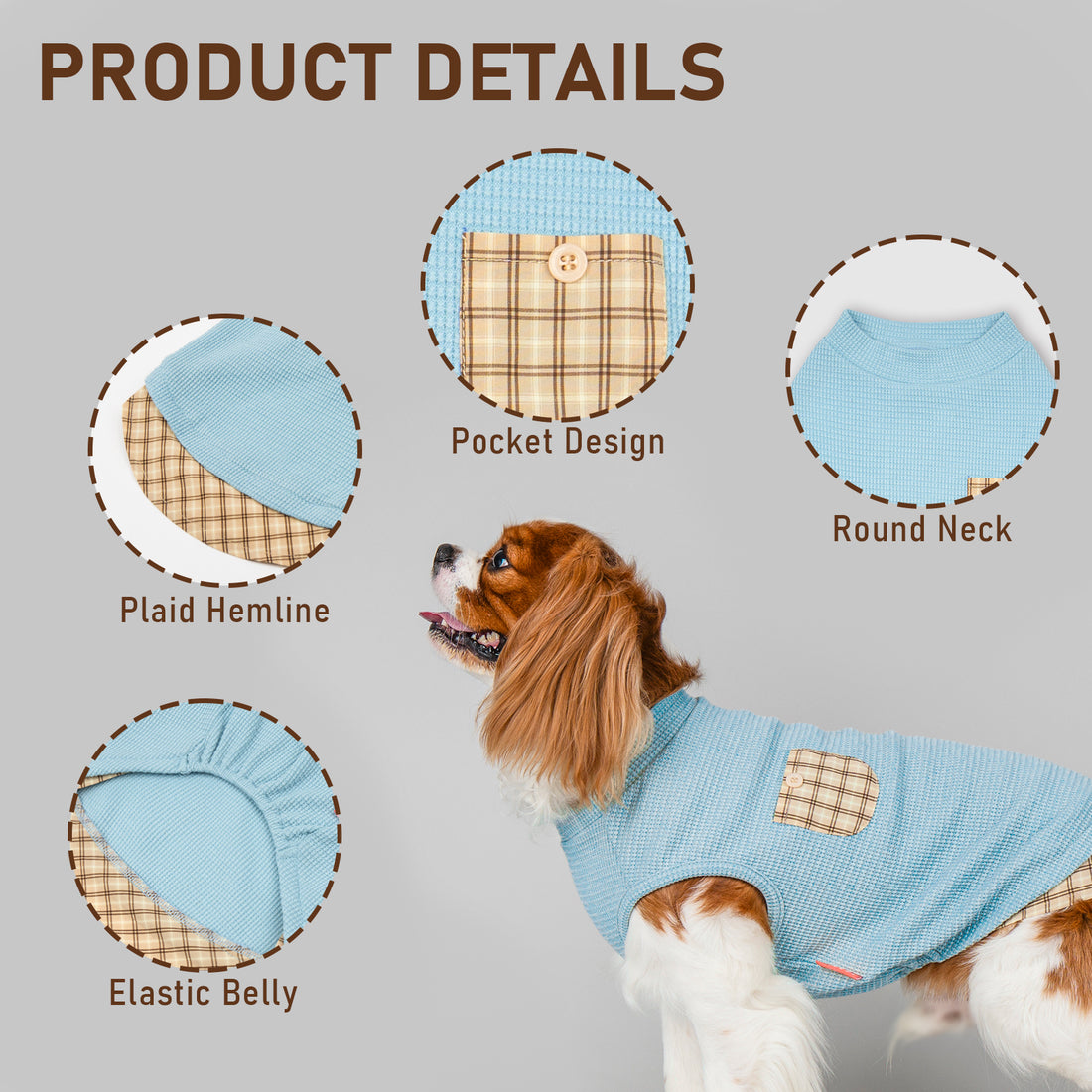 Blue waffle plaid sleeveless dog shirt with plaid pocket and round neck