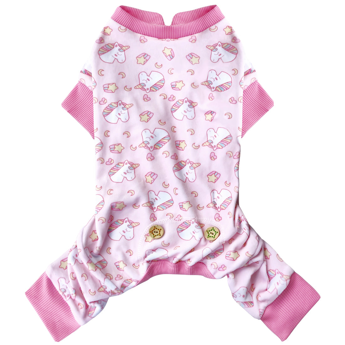 Light pink dog onesie with unicorn and paw print pattern, ribbed pink neckline and sleeves