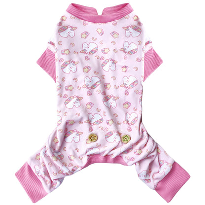 Light pink dog onesie with unicorn and paw print pattern, ribbed pink neckline and sleeves