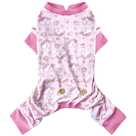 Light pink dog onesie with unicorn and paw print pattern, ribbed pink neckline and sleeves