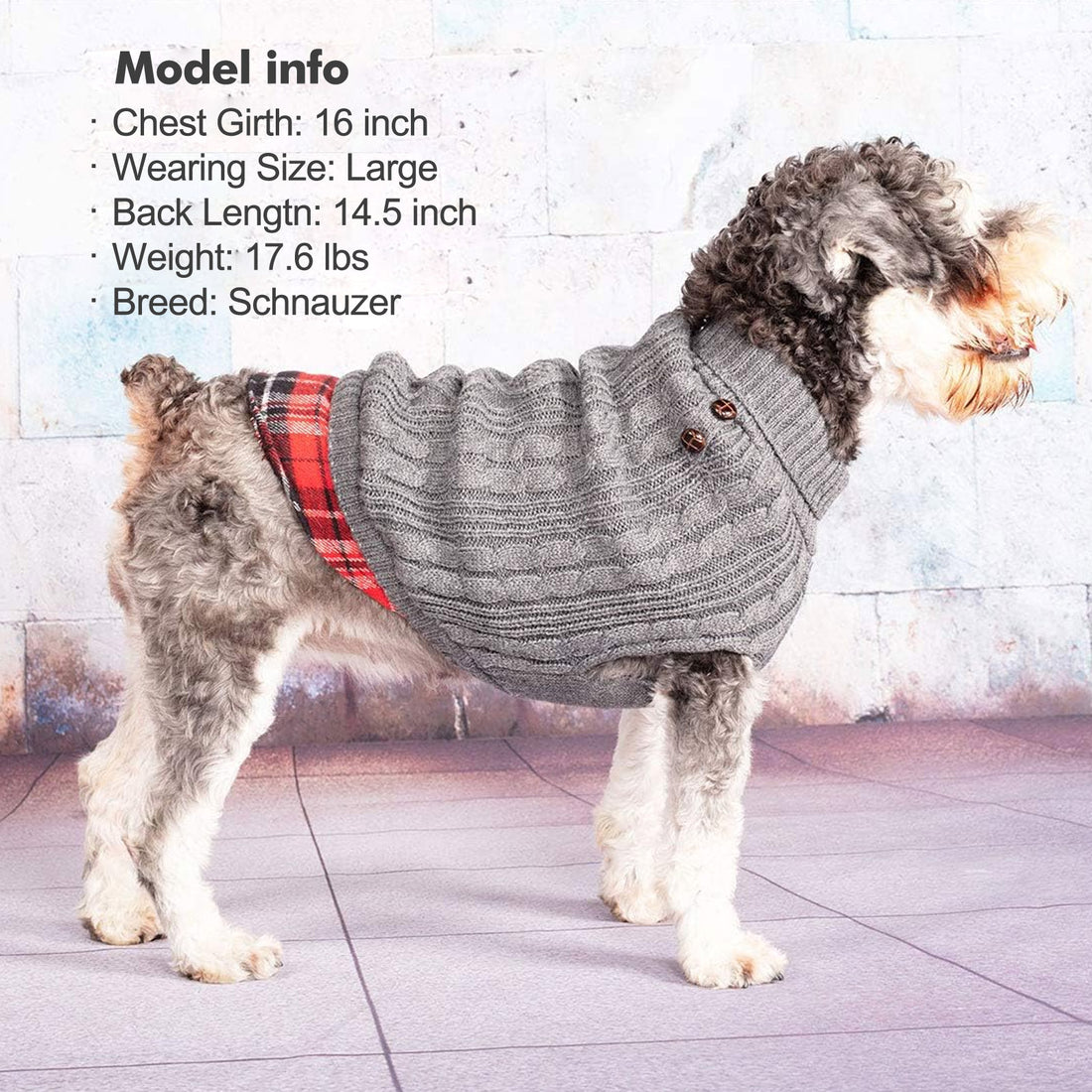 Grey turtleneck dog sweater with plaid flannel hem and button at shoulder