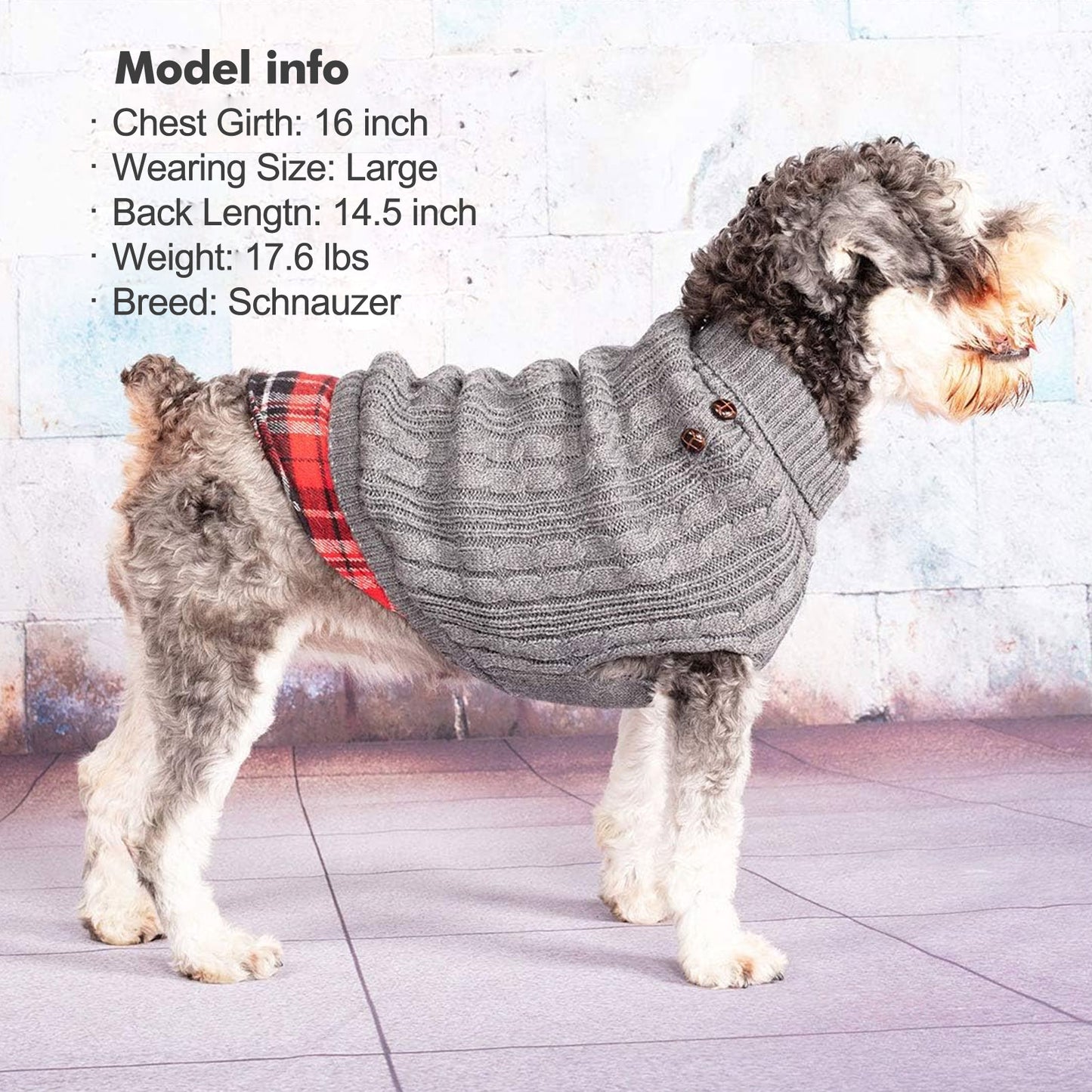 Grey turtleneck dog sweater with plaid flannel hem and button at shoulder