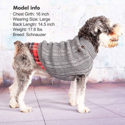 Grey turtleneck dog sweater with plaid flannel hem and button at shoulder