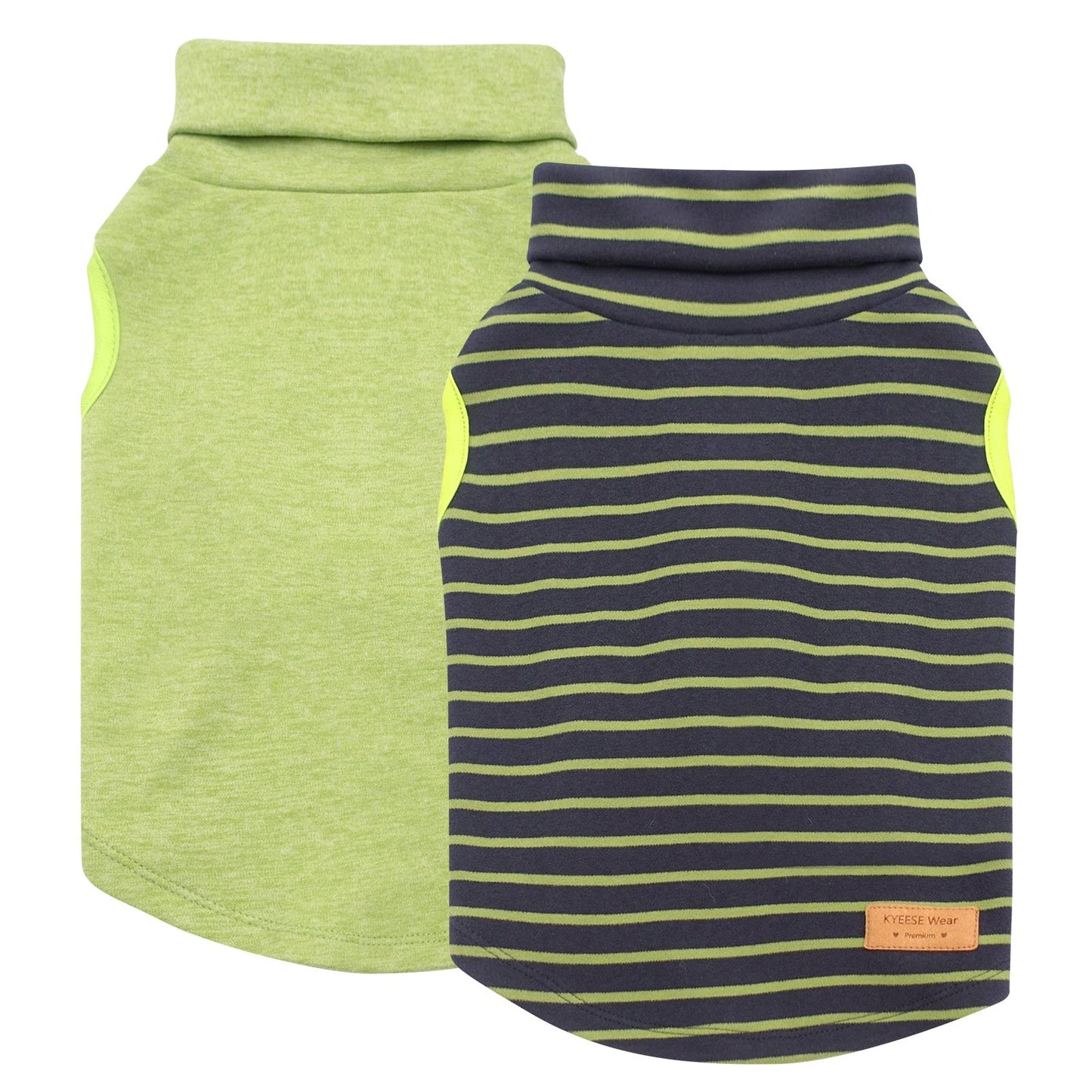 Lime green and navy striped sleeveless dog turtleneck sweaters, two-pack